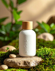 Enhancing skincare routine natural setting ceramic bottle eco-friendly environment close-up view modern aesthetics
