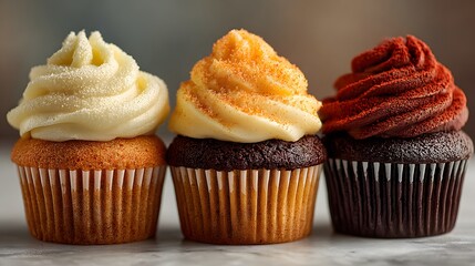 Trio of gourmet cupcakes lined up on a marble surface features vanilla, red velvet, and chocolate flavors with textured orange frosting.