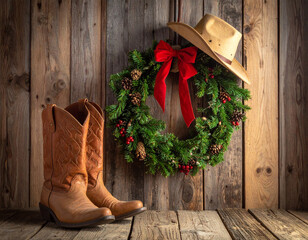 Cowboy christmas still life rustic barn still life cozy environment close-up view western spirit