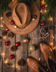 Cowboy christmas still life rustic cabin photography festive atmosphere overhead view western spirit
