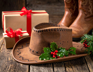 Festive cowboy christmas still life rustic cabin visual art warm atmosphere close-up nostalgic holiday spirit