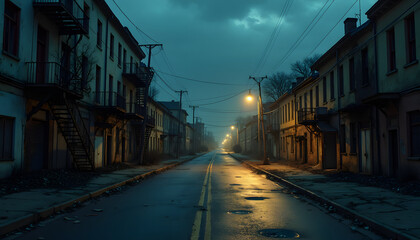 Obraz premium Eerie street scene with old buildings and streetlights under a moody, overcast sky