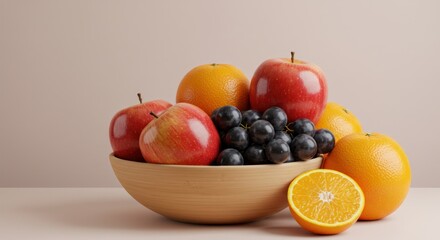 Fresh fruit bowl arrangement with apples oranges and grapes on table