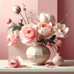 Cubist floral still life display modern art studio digital artwork creative environment elevated viewpoint for enhanced aesthetic appeal