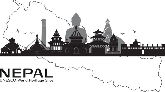 Nepal skyline montage | silhouettes of UNESCO World Heritage sites over Nepal map (vector EPS)