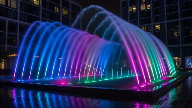 Mesmerizing Nighttime Fountain Show with Vibrant RGB Lighting and Reflections, Set Against a Modern Building Backdrop, A Captivating Water Display