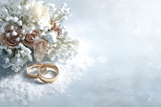 Elegant wedding rings and a delicate floral bouquet rest on soft snow, symbolizing winter romance and eternal love.