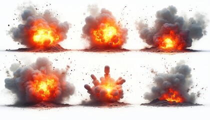 Fototapeta premium Multiple fiery explosions burst with glowing flames, dense smoke clouds. Ground ruptures into fire, flying dust particles. Destructive blasts create immense power, intense energy, forceful impact.