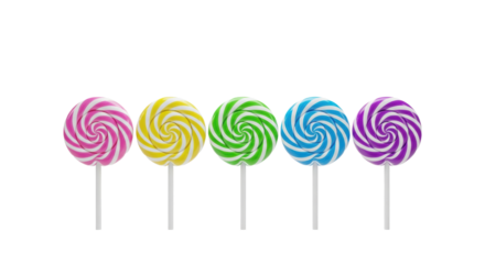 five vibrant, glossy, swirled hard candy lollipops (pink, yellow, green, blue, purple) in a horizontal row on white. isolated studio background with copy space. macro product photo. concept for