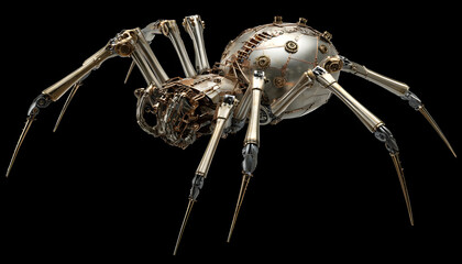 A detailed view of a metallic spider, perfect for science fiction or steampunk themed projects