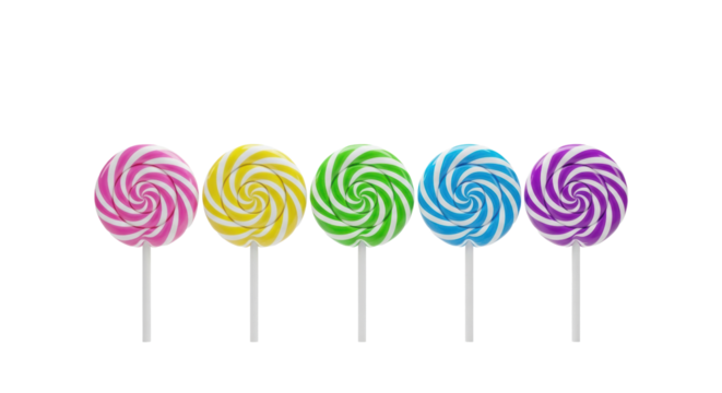 five vibrant, glossy, swirled hard candy lollipops (pink, yellow, green, blue, purple) in a horizontal row on white. isolated studio background with copy space. macro product photo. concept for