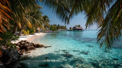 Tropical paradise view is framed by palm fronds and features turquoise water and a white sand beach with a small island hut in the distance.