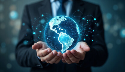 Businessman hold global business globe with network connected to digital marketing strategy and creative solution.