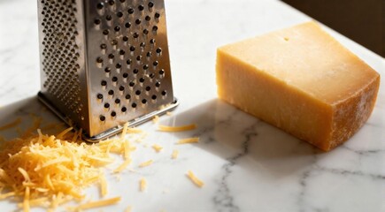 Grated and piece of cheese with grater on white marble table. Space for text