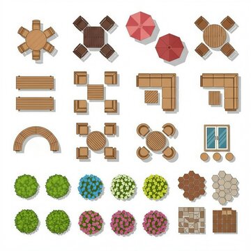 Top view set of outdoor furniture and plant element