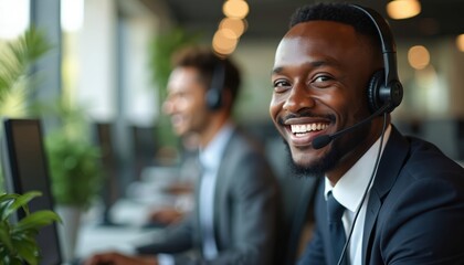 Friendly Black man wears headset, smiles broadly at camera. Provides customer service, tech support to clients. Pro employee works in modern call center office helping people, ensuring satisfaction,