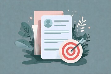 A minimalist illustration depicting a resume, target with an arrow, and abstract leaves, symbolizing career goals and professional achievement.