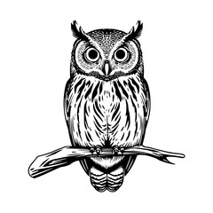 Fototapeta premium Detailed black owl perched on branch illustration