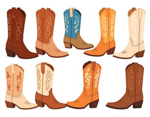 A collection of various colorful cartoon cowboy boots on a white background, perfect for design or fashion themes