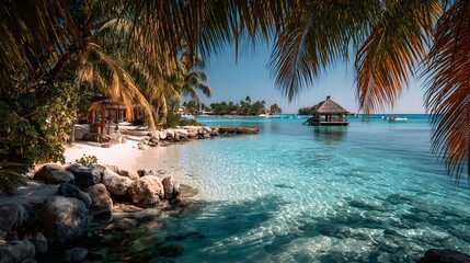 Tropical paradise view is framed by palm fronds and features turquoise water and a white sand beach with a small island hut in the distance.