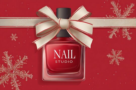 Festive red nail polish bottle adorned with a golden bow and sparkling snowflakes, perfect for holiday beauty promotions.