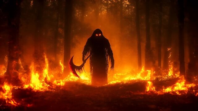 Halloween holiday promotion theme. Spooky scaring. A vivid portrayal of a grim reaper standing amidst a forest engulfed in flames, with a backdrop of a fiery forest.