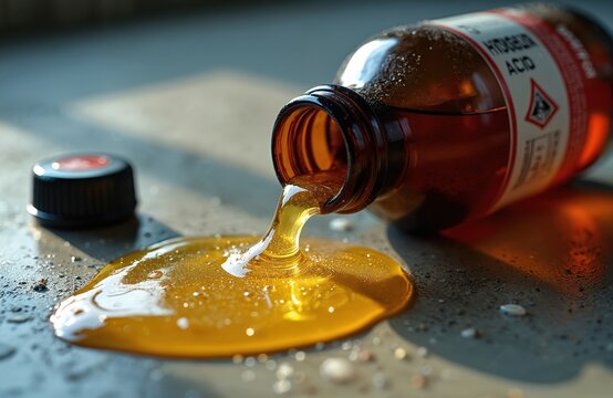 Brown bottle of hydrochloric acid spilled toxic yellow chemical liquid on concrete floor. Warning label indicates extreme danger. Corrosive substance spreads, creating hazardous industrial accident