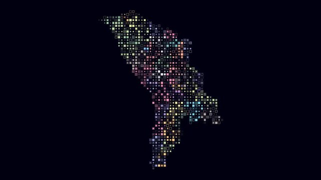 Moldova animated country shape. Pulsating colored dots on the map of the country. Small size square blocks. Digital style Moldova map on dark background. Artistic animation video.
