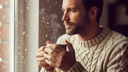 Serene Reflections: A man enjoys a tranquil moment, gazing out of the window as he warms his hands with a steaming cup of coffee, creating a cozy and comforting ambiance.