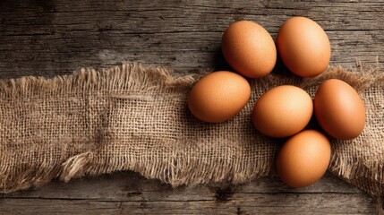 Rustic brown eggs on burlap and wood