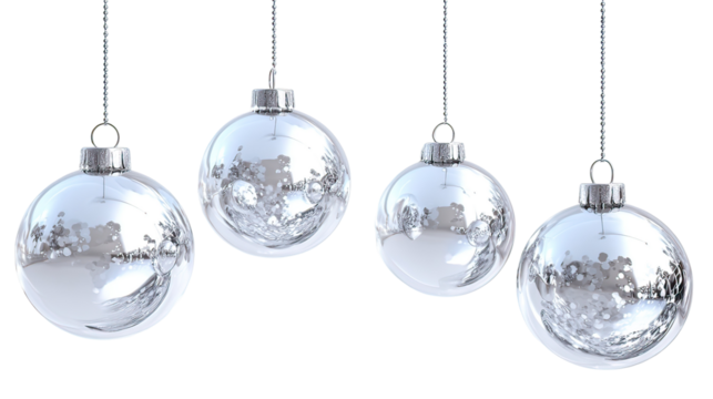 Four silver glass ornaments hanging with crystal shine reflective surface on transparent background