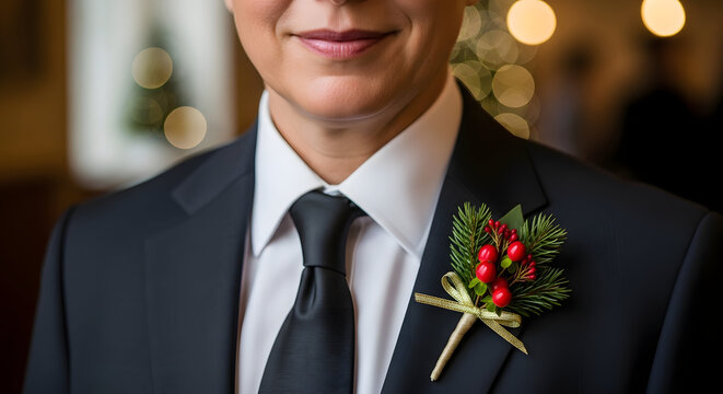 Elegant Groom in Tailored Suit: A close-up view of an impeccably dressed man in a formal suit, adorned with a festive boutonniere, exuding sophistication and style. - Powered by Adobe