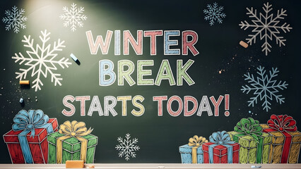 Winter Break Celebration: A festive chalkboard announces the start of winter break, adorned with colorful snowflakes and wrapped gifts, igniting excitement and anticipation for the holiday season.