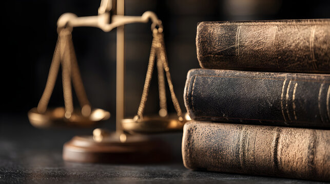 Justice scales balancing vintage law books on desk