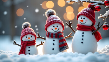 Festive snowmen family wearing winter hats and scarves in a snowy landscape