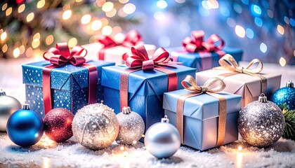 A composition of Christmas presents with red and blue bows next to ornaments. Warm lights surround the set.