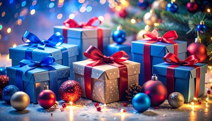 A composition of Christmas presents with red and blue bows next to ornaments. Warm lights surround the set.