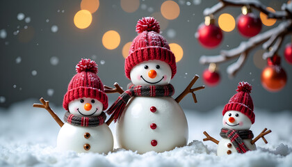 Fototapeta premium Festive snowman family in a winter wonderland with red hats and scarves