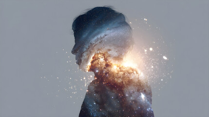 Person silhouette filled with a universe and exploding stars