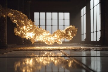 A luminous, golden, fluid form floats in a dimly lit, spacious room with large windows and a reflective marble floor, casting a warm glow.  The fluid's texture appears both gaseous and liquid