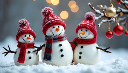 Obraz premium Festive snowmen in red hats and scarves celebrate the winter holidays