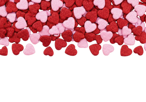 Scattered crimson red and ballet pink glitter heart border on a transparent background, viewed close-up with sharp focus, large copy space below. concept for romantic holiday template