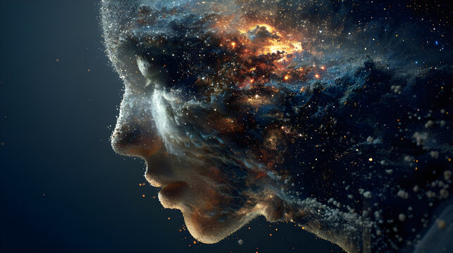 Human profile merging with cosmic nebula and star field