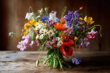 Floral Symphony: A vibrant bouquet of wildflowers, showcasing a diverse array of colors and textures, rests on a rustic wooden surface, creating a visual symphony of natural beauty.