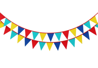 high-quality triangular fabric bunting garland (red, yellow, turquoise, blue) suspended in a gentle drape against a transparent backdrop with copy space, crisp high-key studio lighting, joyful