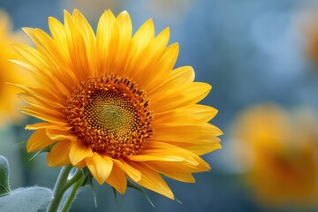 Obraz premium Radiant Sunflower: A close-up showcases a vibrant, sun-kissed sunflower, its cheerful petals bursting with color against a soft, blurred backdrop, evoking warmth and summer bliss.