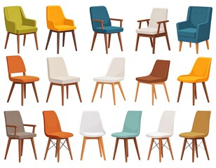 A collection of various colorful, modern chairs showcased on a white background, perfect for interior design