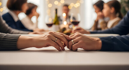 Obraz premium Connected Hearts: An intimate dinner captures a tender moment, where clasped hands of a couple create a scene of unity and love, while in the background a gathering family watches.