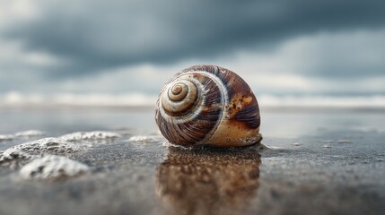 Snail shell on wet sand with ocean waves