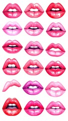 A collection of various, colorful illustrations of open human mouths, revealing teeth and pink interiors. Different shades of red and pink tones are used